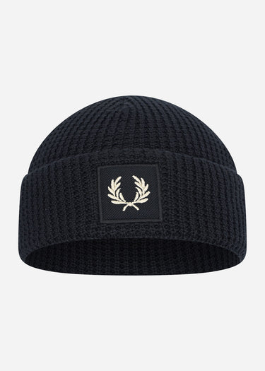 Fred Perry Mutsen Patch brand waffle knit beanie - oatmeal dark caramel