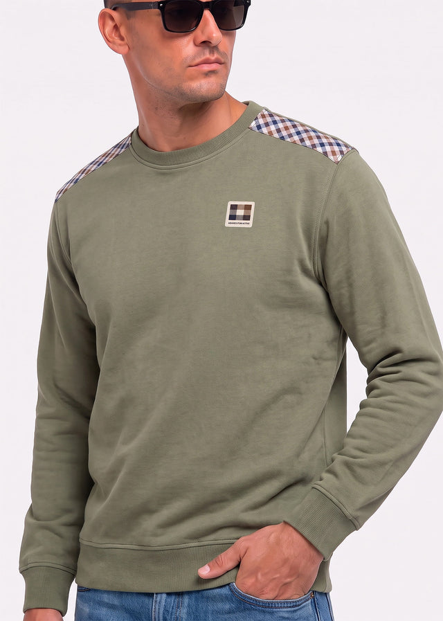 Aquascutum Truien Check shoulder crewneck fleece - army green