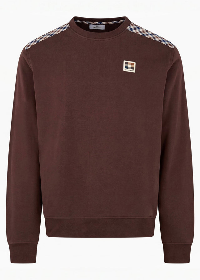 Aquascutum Truien Check shoulder crewneck fleece - chocolate