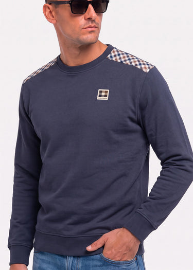 Aquascutum Truien Check shoulder crewneck fleece - navy