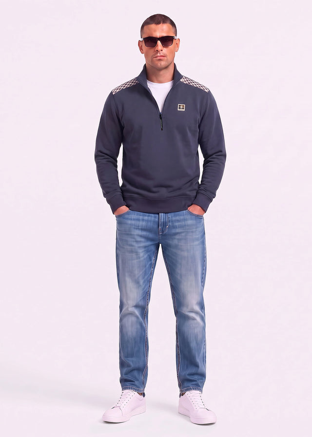 Aquascutum Truien Check shoulder quarter zip fleece - navy