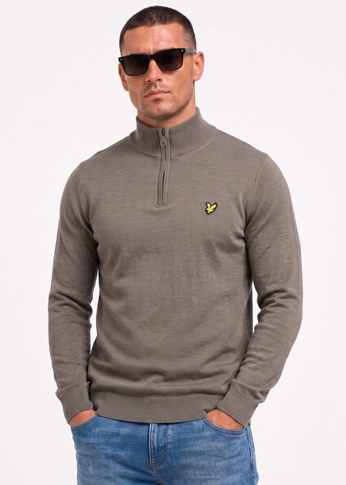 Cotton merino quarter zip jumper - khaki ash