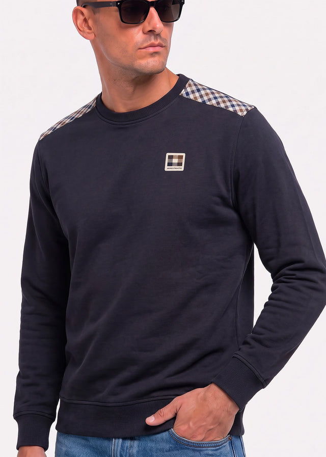 Aquascutum Truien Check shoulder crewneck fleece - black