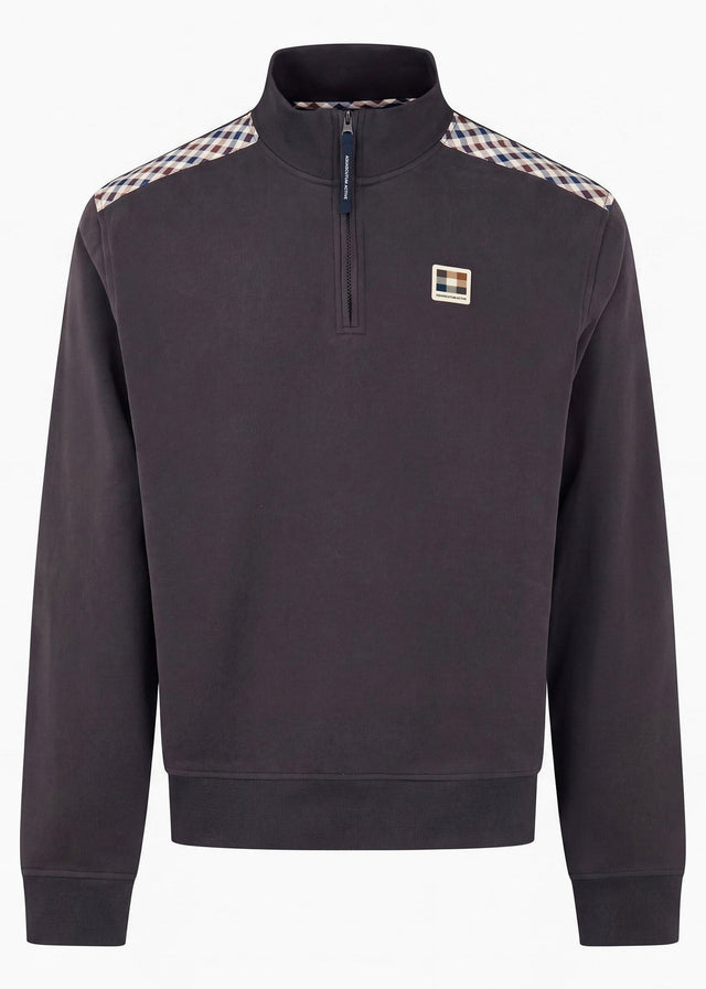 Aquascutum Truien Check shoulder quarter zip fleece - black