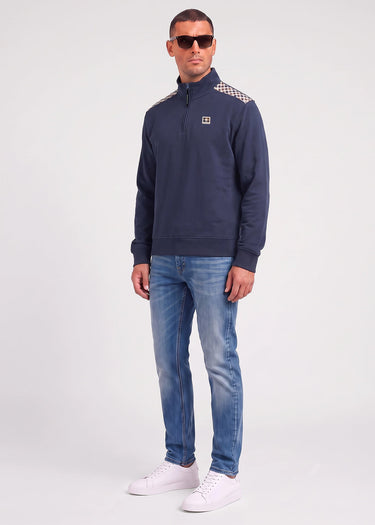 Aquascutum Truien Check shoulder quarter zip fleece - navy
