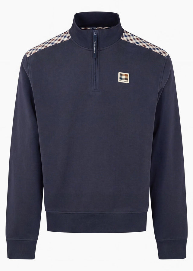 Aquascutum Truien Check shoulder quarter zip fleece - navy